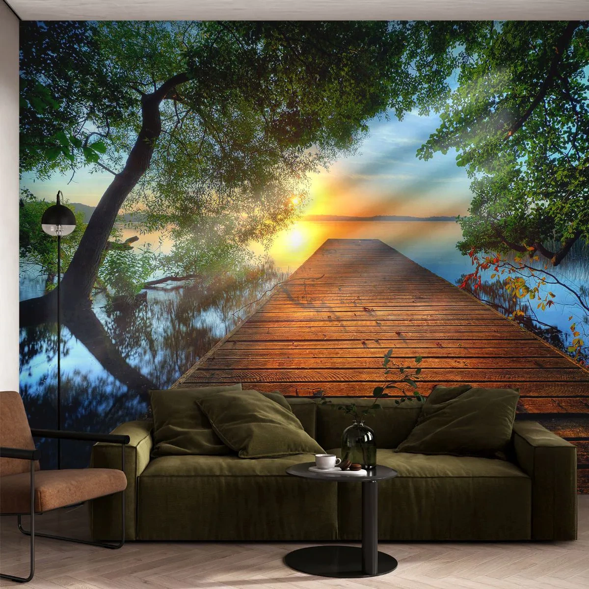 Fototapet Premium Sand - Sakta ner, sätt dig - Landskap, Träbro, Sjö - 100x70 cm