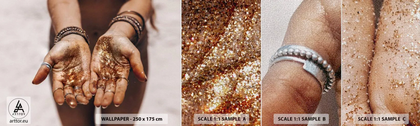 Provbit av fototapet Premium Canvas - Gåva för dig - Kvinnors händer, Boho, Guld - 100x30 cm