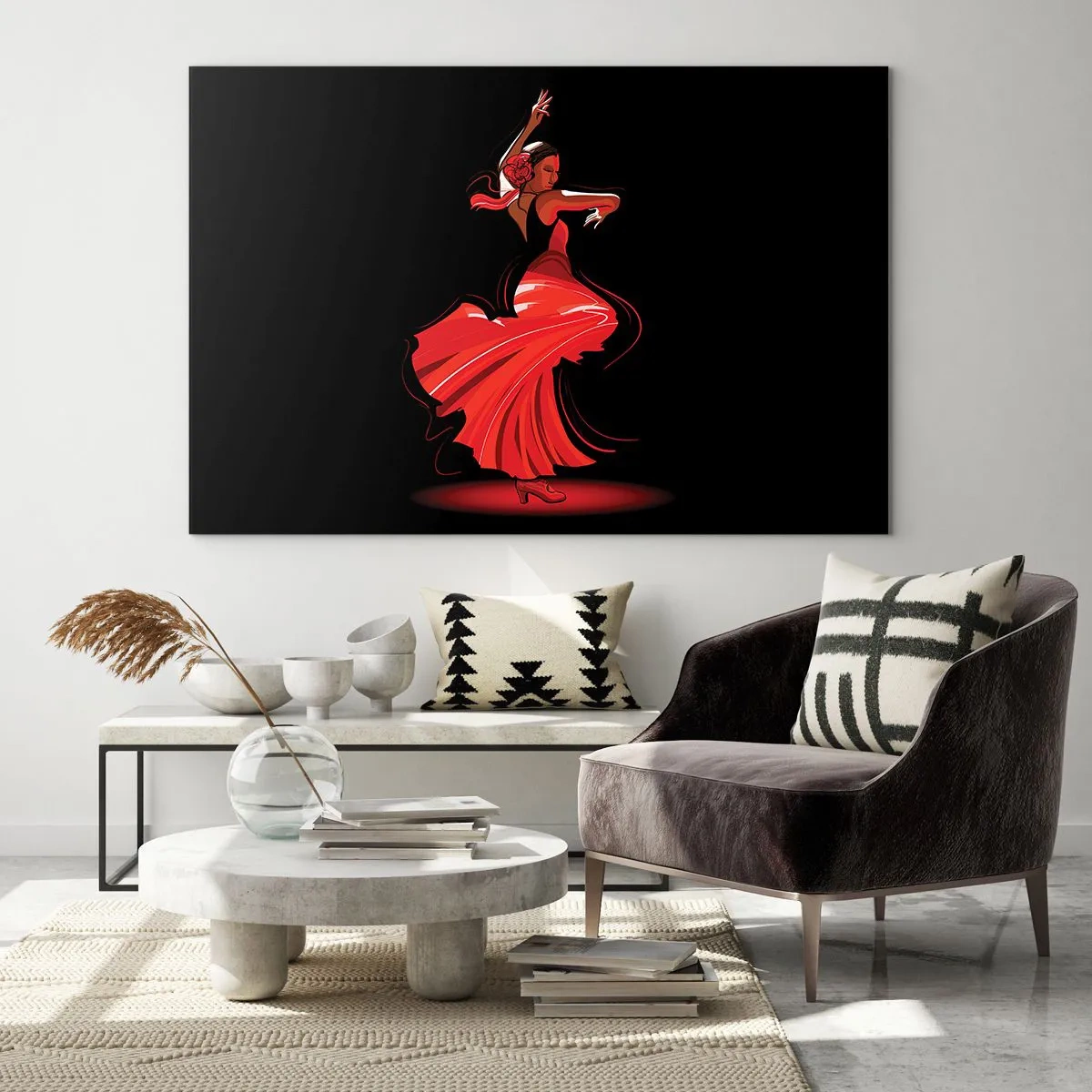 Glastavla - Bild på glas - Flamencodansare i en röd klänning mot en svart bakgrund - 70x50cm - Flamencos brinnande anda - Modern väggdekoration för vardagsrum och sovrum ARTTOR