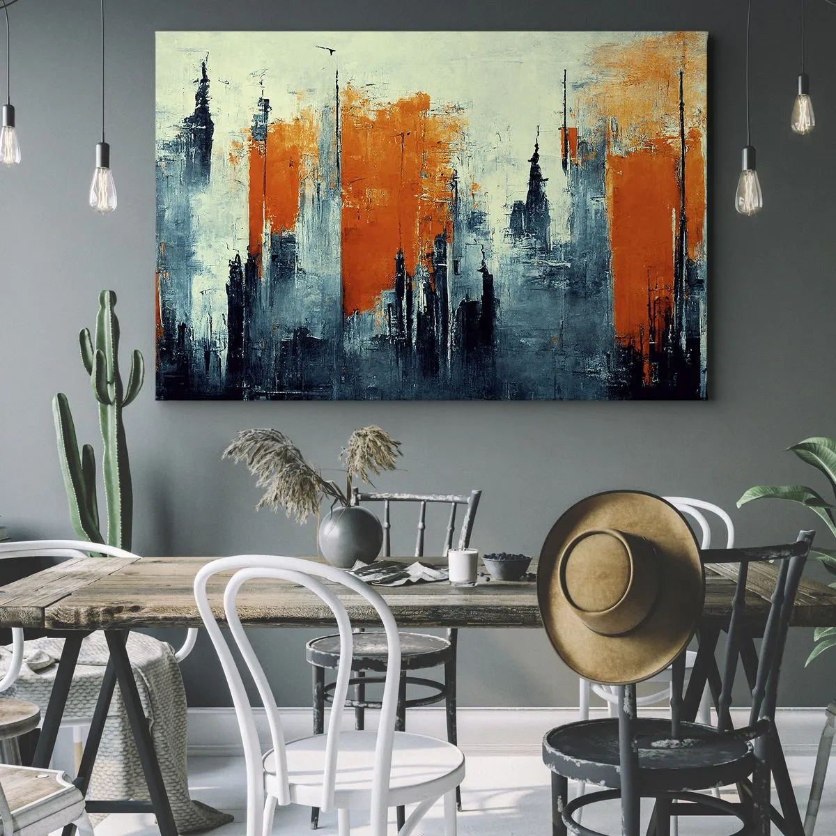 Canvastavla - Bild på duk - Abstrakt stadsbild i nyanser av orange och blått - 70x50cm - Modernt landskap - Modern väggdekoration för vardagsrum och sovrum ARTTOR