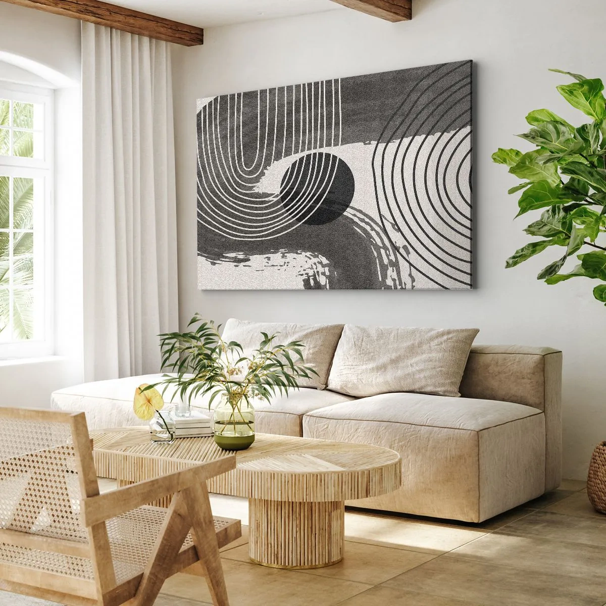 Canvastavla - Bild på duk - Geometriska linjer och ovaler i monokromatiska nyanser - 70x50cm - Ovalen vinner - Modern väggdekoration för vardagsrum och sovrum ARTTOR