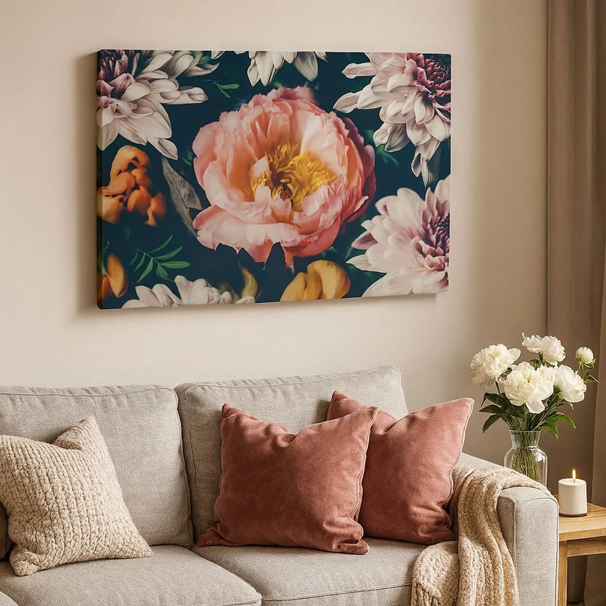 Canvastavla - Bild på duk - Blomsterarrangemang med pion och krysantemum på en mörk bakgrund - 70x50cm - Med barockprakt - Modern väggdekoration för vardagsrum och sovrum ARTTOR