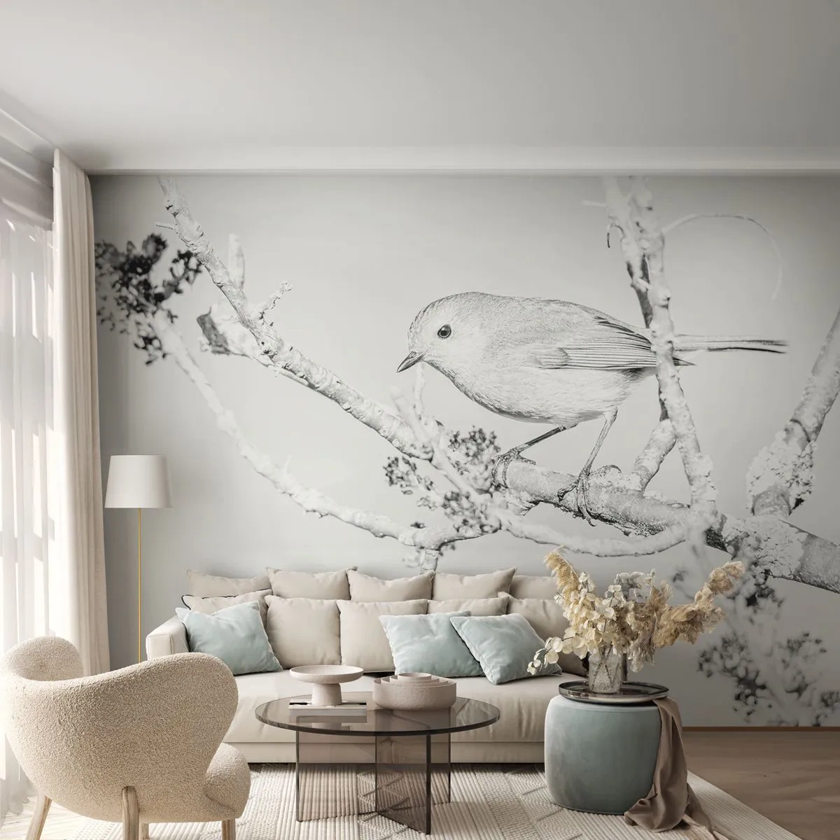 Fototapet Premium Sand - Vintermorgon - Ljus, Fågel, Natur - 300x210 cm