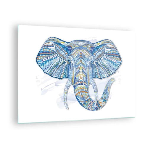 Glastavla - Bild på glas - Blå elefant i konstnärlig stil med geometriska mönster - 70x50cm - Inkrusterad med guld och blått - Modern väggdekoration för vardagsrum och sovrum ARTTOR