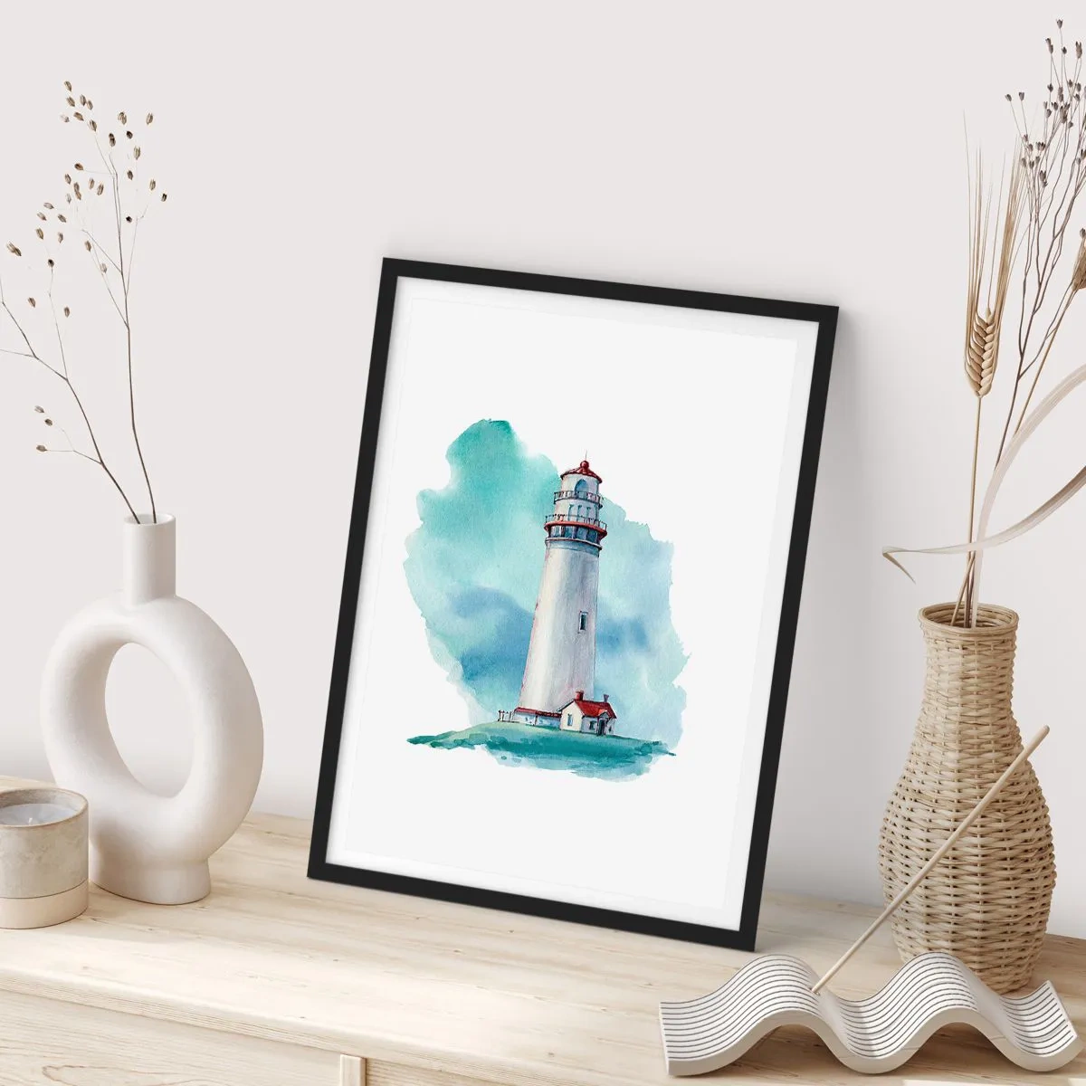 Affisch i svart ram - En målerisk illustration av en fyr omgiven av en blå himmel. - 50x70cm - Milda syster av det blåa - Modern väggdekoration för vardagsrum och sovrum ARTTOR