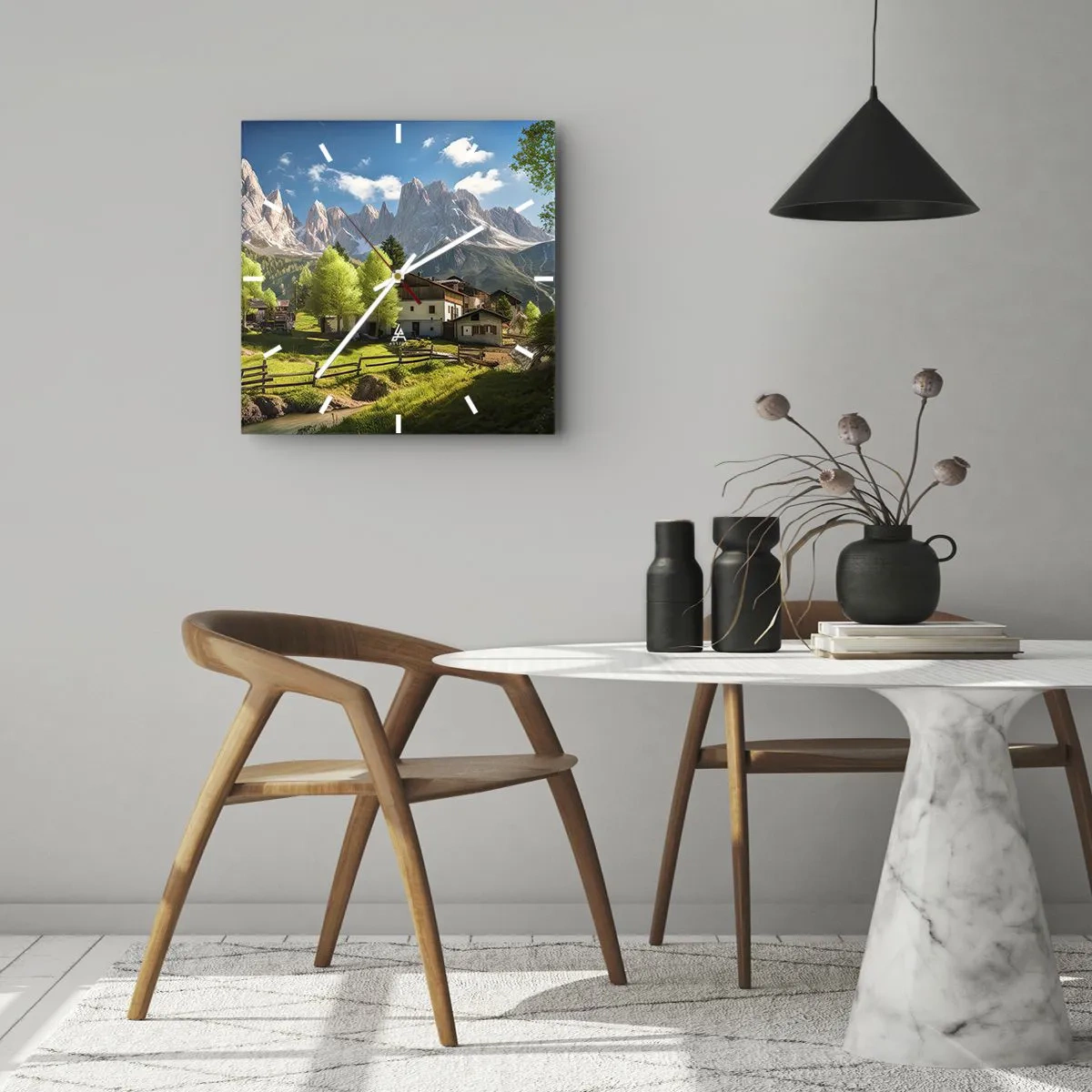 Väggklocka - Klocka på glas - Alpin idyll - 40x40 cm