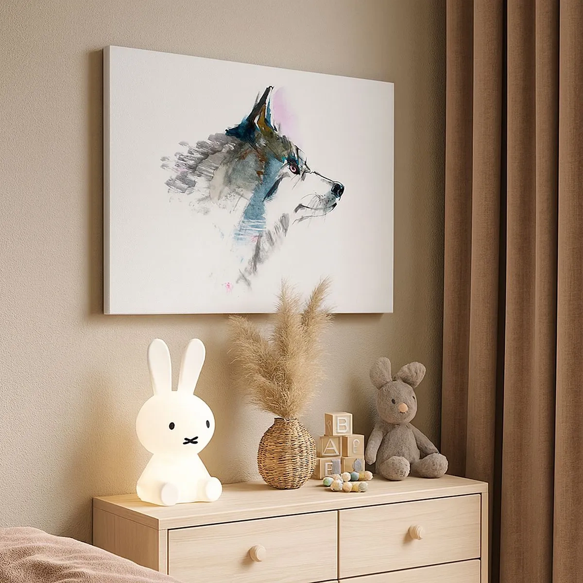 Canvastavla - Bild på duk - Akvarell varg i minimalistisk stil - 70x50cm - Vargen är här - Modern väggdekoration för vardagsrum och sovrum ARTTOR