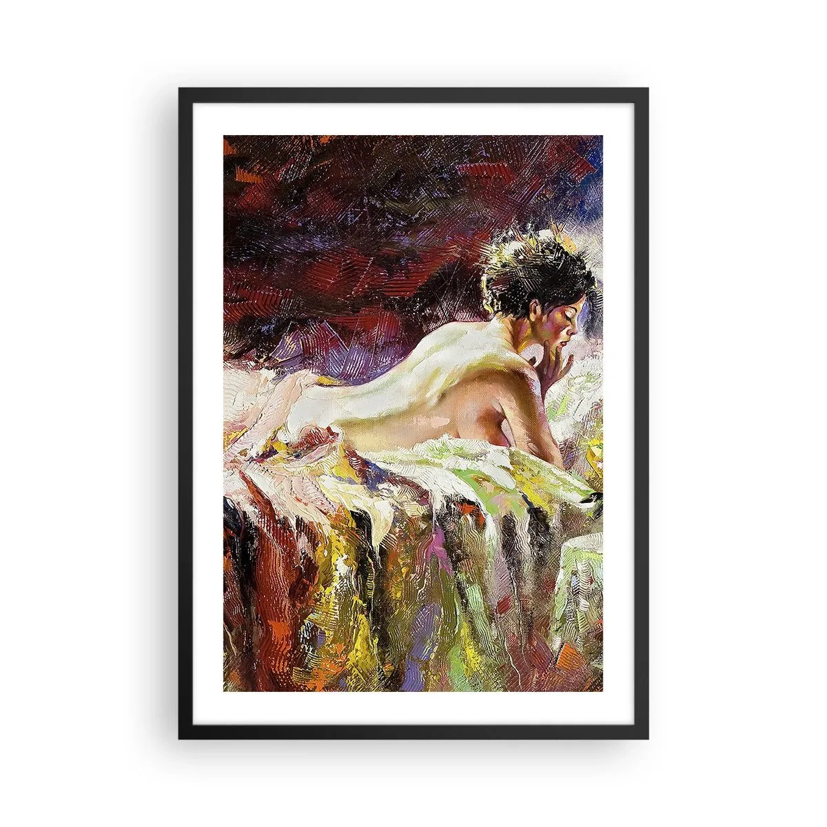 Affisch i svart ram - Konstnärlig nakenbild av en kvinna i en färgstark miljö - 50x70cm - Venus försänkt i sina tankar - Modern väggdekoration för vardagsrum och sovrum ARTTOR