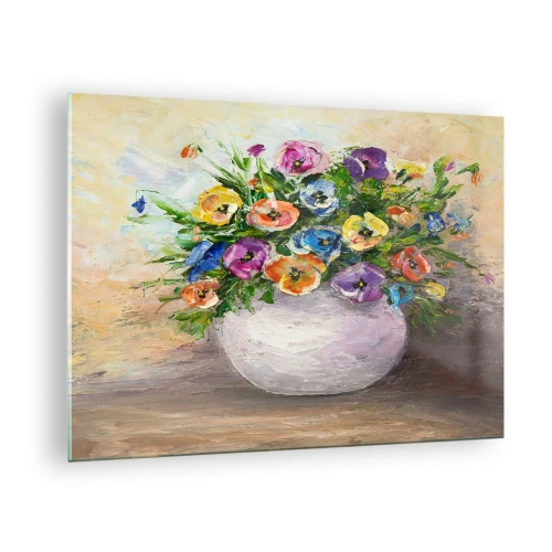 Glastavla - Bild på glas - En bukett färgglada blommor i en vit vas - 70x50cm - Stilleben med vit vas - Modern väggdekoration för vardagsrum och sovrum ARTTOR