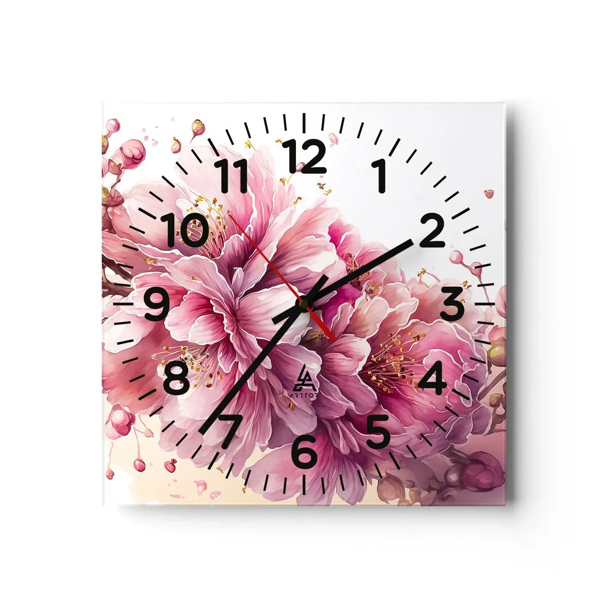 Väggklocka - Klocka på glas - Blommande körsbärsblomma - 40x40 cm