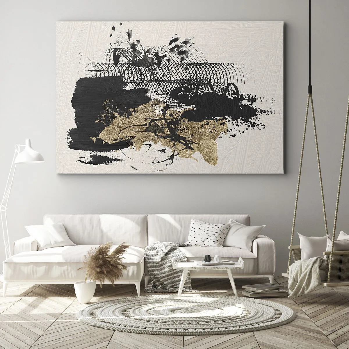Canvastavla - Bild på duk - En abstrakt målning i svart och guld med dynamiska linjer och strukturer. - 70x50cm - Komposition med passion - Modern väggdekoration för vardagsrum och sovrum ARTTOR