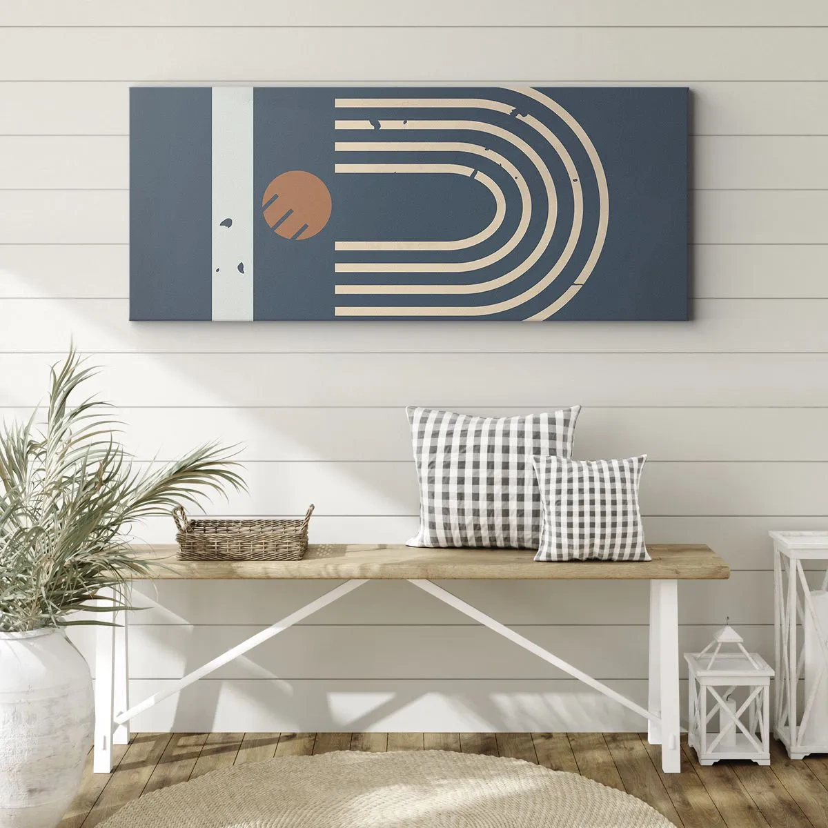 Canvastavla - Bild på duk - Geometri mot mörkblå bakgrund - 90x30 cm