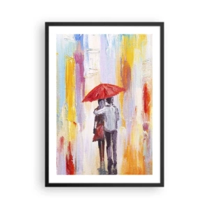 Affisch i svart ram - En romantisk scen med ett par under ett rött paraply mot bakgrund av en stad. - 50x70cm - Må det fortsätta regna - Modern väggdekoration för vardagsrum och sovrum ARTTOR