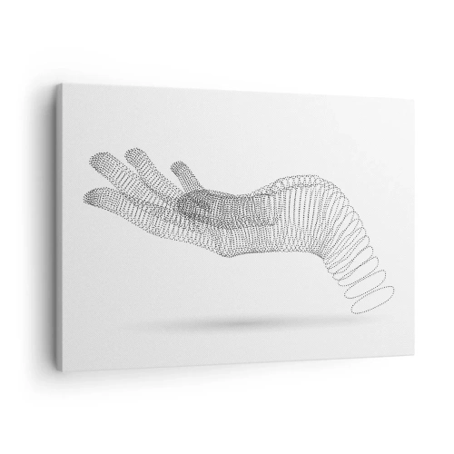 Canvastavla - Bild på duk - En minimalistisk illustration av en hand gjord av svarta prickar på en vit bakgrund. - 70x50cm - En spänstig hand - Modern väggdekoration för vardagsrum och sovrum ARTTOR