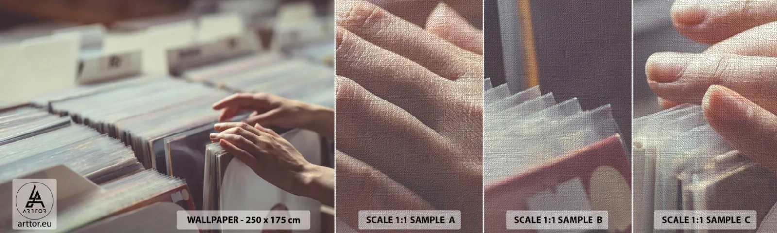 Provbit av fototapet Premium Canvas - I jakten efter känslor - Vinyl, musik, Musikaffär - 100x30 cm