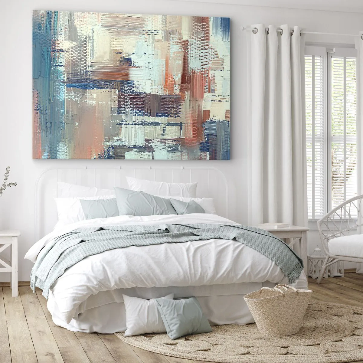 Canvastavla - Bild på duk - Abstrakt komposition i nyanser av blått och beige - 70x50cm - Att nå ljuset - Modern väggdekoration för vardagsrum och sovrum ARTTOR
