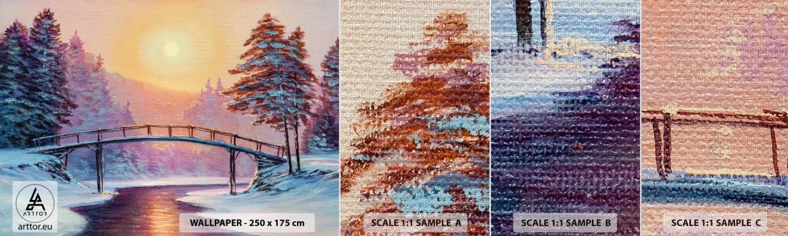 Provbit av fototapet Premium Canvas - De fyra årstiderna - vinter - Landskap, Flod, Bro - 100x30 cm
