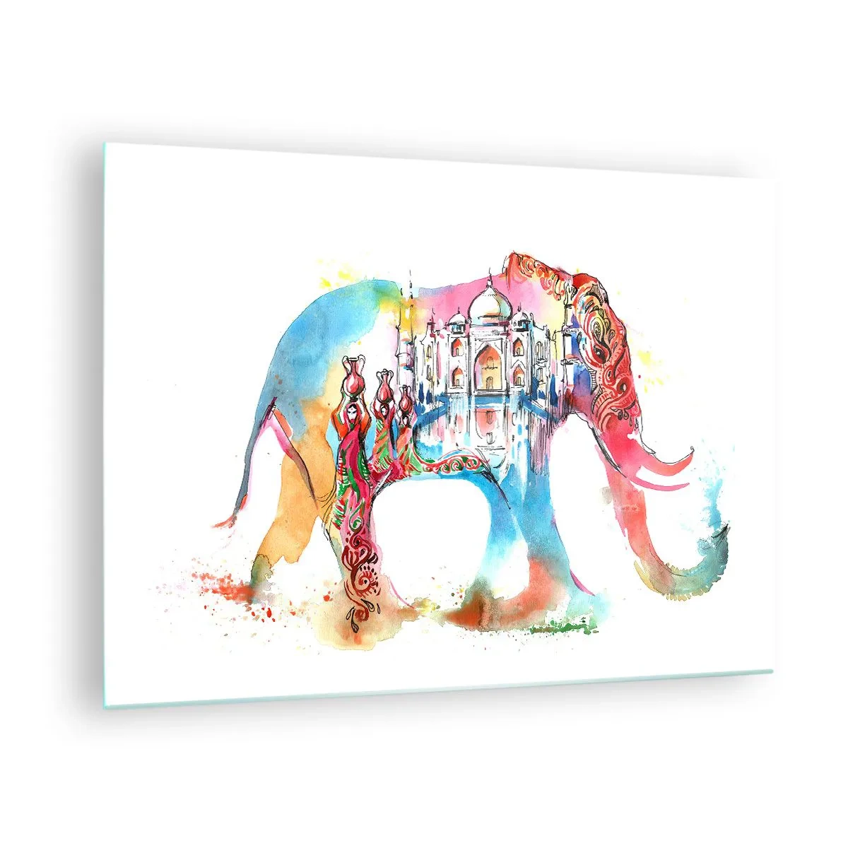Glastavla - Bild på glas - Färgglad akvarellmålning av en elefant med ett indiskt motiv - 70x50cm - Indien - kärlekens aura - Modern väggdekoration för vardagsrum och sovrum ARTTOR