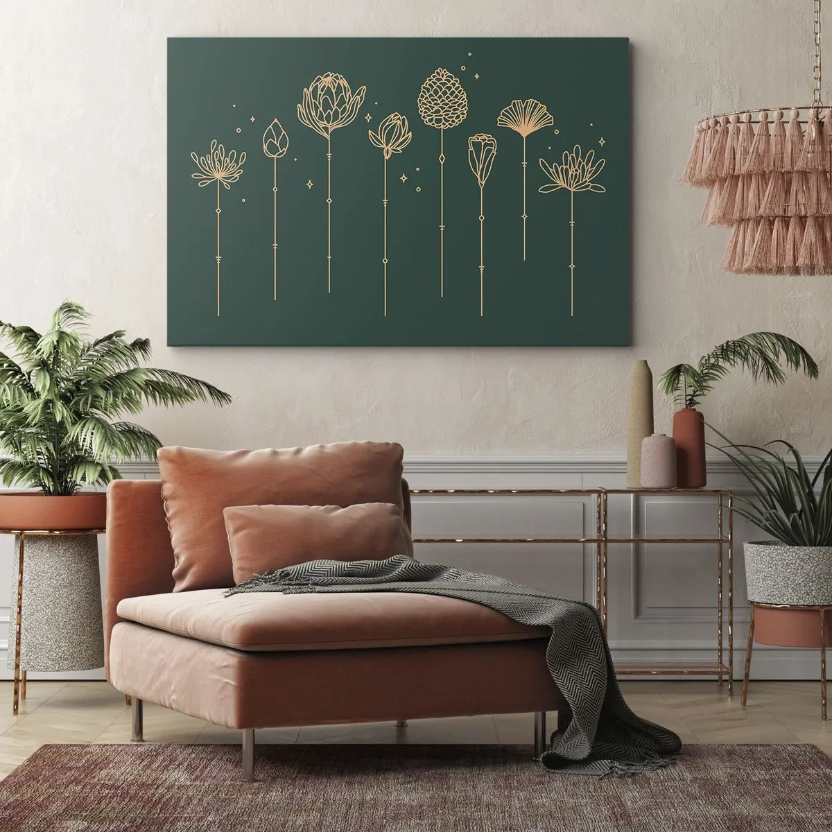 Canvastavla - Bild på duk - Gyllene teckningar av örter på en mörkgrön bakgrund - 70x50cm - Familjen ÖRTsson - Modern väggdekoration för vardagsrum och sovrum ARTTOR