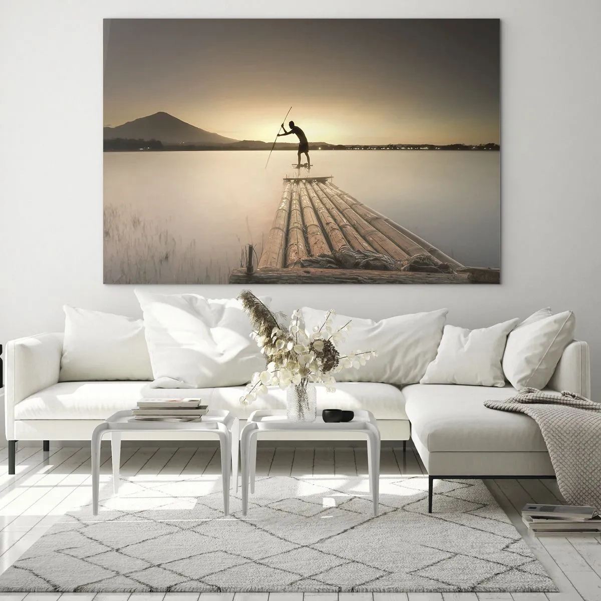 Glastavla - Bild på glas - En fiskare på en bambuflotte i skymningen - 70x50cm - Före avkoppling - Modern väggdekoration för vardagsrum och sovrum ARTTOR
