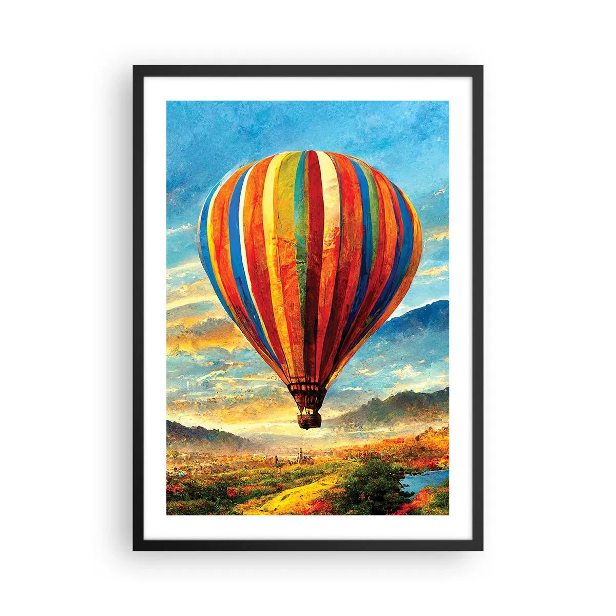 Affisch i svart ram - En färgglad ballong över ett pittoreskt landskap - 50x70cm - I tystnad ser man mer - Modern väggdekoration för vardagsrum och sovrum ARTTOR