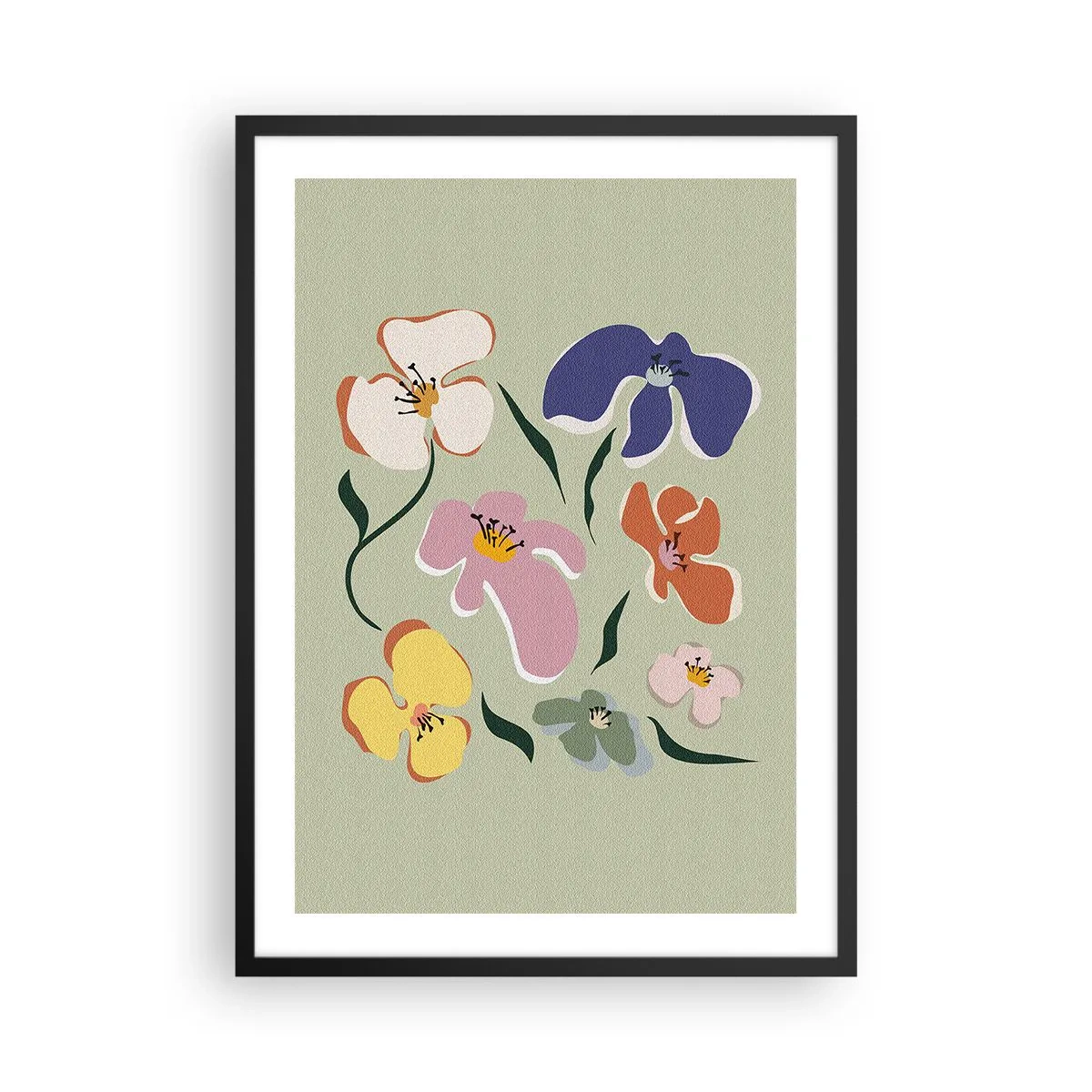 Affisch i svart ram - Färgglada blommor på en grön bakgrund i en konstnärlig stil - 50x70cm - Penséer  - Modern väggdekoration för vardagsrum och sovrum ARTTOR