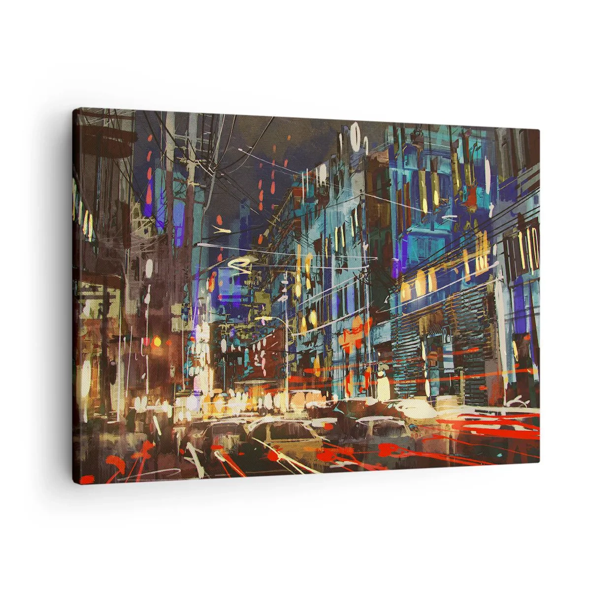 Canvastavla - Bild på duk - Stadsnattscen med neonljus - 70x50cm - Gatans kvällsbuller - Modern väggdekoration för vardagsrum och sovrum ARTTOR