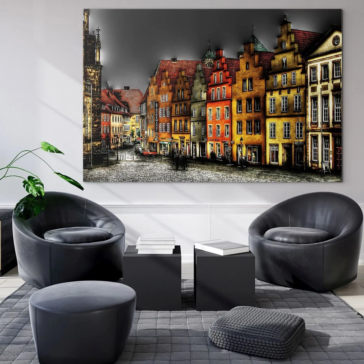 Glastavla - Bild på glas - Färgglada hyreshus mot bakgrund av en molnig himmel - 70x50cm - Det saknas bar förtrollad droska - Modern väggdekoration för vardagsrum och sovrum ARTTOR