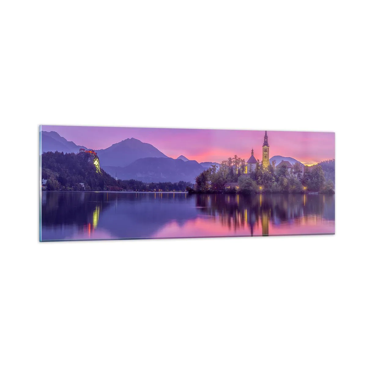 Glastavla - Bild på glas - Sagoön i solnedgången  - 90x30 cm