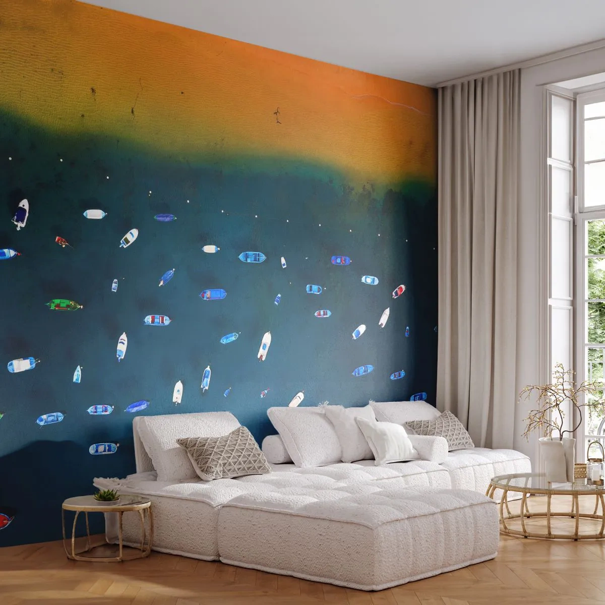 Självhäftande Fototapet Deluxe Sticker - Ett semesterspel - Båtar, Strand, Kust - 400x280 cm