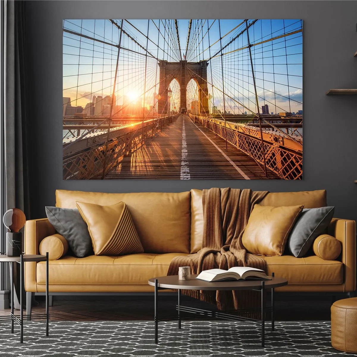 Glastavla - Bild på glas - Solnedgången på Brooklynbron i New York - 70x50cm - På guldbron - Modern väggdekoration för vardagsrum och sovrum ARTTOR