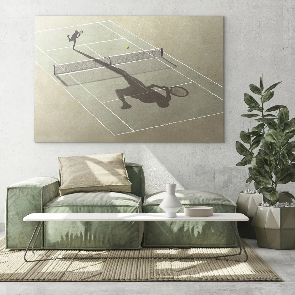Glastavla - Bild på glas - Figuren av en tennisspelare och hans skugga på banan under en serve - 70x50cm - Övervinna sig själv - Modern väggdekoration för vardagsrum och sovrum ARTTOR