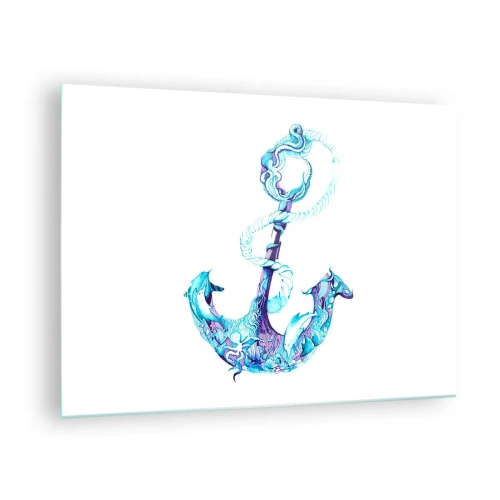 Glastavla - Bild på glas - Ankare med nautiska motiv i konstnärlig stil - 70x50cm - Håller havets hemligheter - Modern väggdekoration för vardagsrum och sovrum ARTTOR