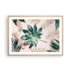 Affisch i ram av ljusek - Grönskans studie mot rosa bakgrund - 70x50 cm