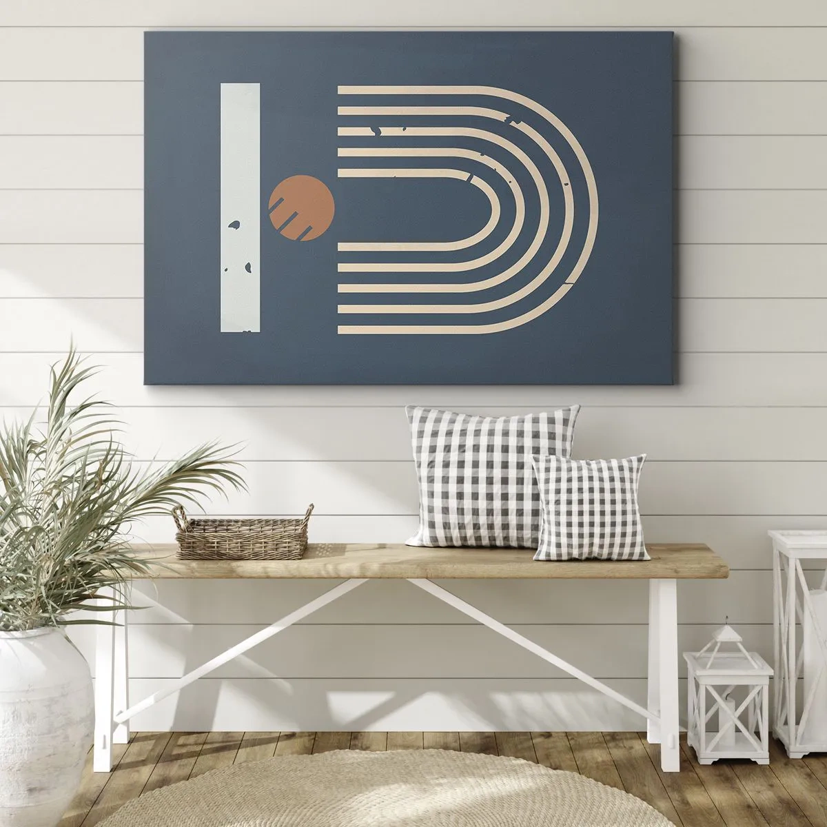 Canvastavla - Bild på duk - Geometriskt mönster i nyanser av marinblått, beige och orange på en mörk bakgrund - 70x50cm - Geometri mot mörkblå bakgrund - Modern väggdekoration för vardagsrum och sovrum ARTTOR