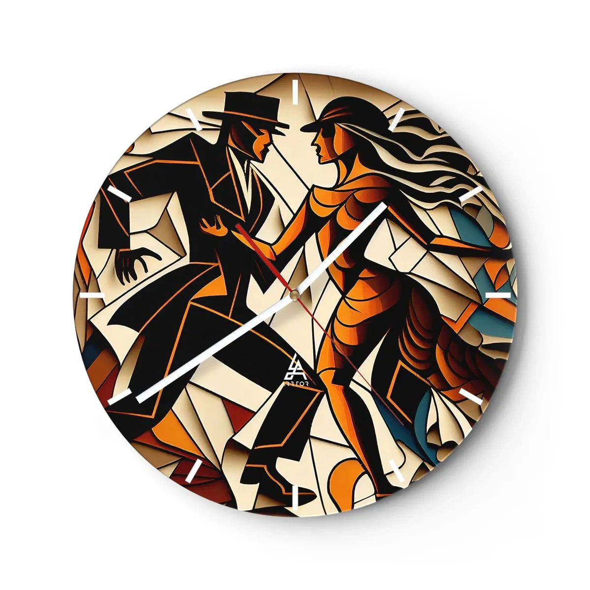 Väggklocka - Klocka på glas - Ett par som dansar i art déco-stil med varma toner - 30x30cm - Passionsdans - Modern väggdekoration för vardagsrum, kök och sovrum ARTTOR