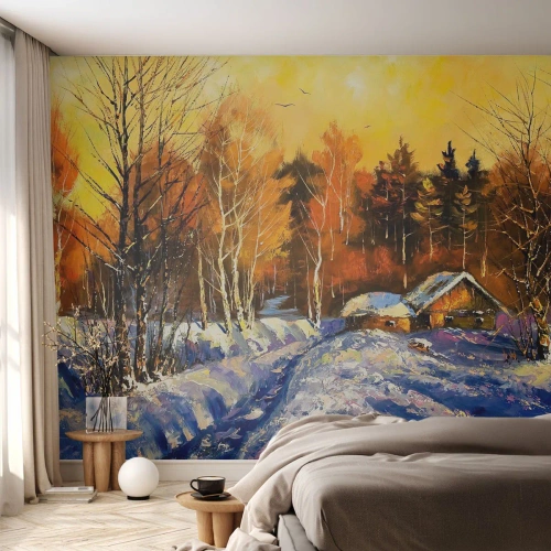 Fototapet Premium Sand - Vinterimpression i solen - Landskap, Vinter, Bergsstuga - 100x70 cm