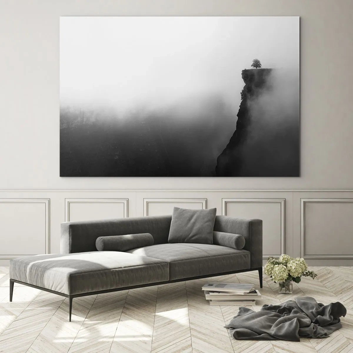 Glastavla - Bild på glas - Ett ensamt träd på kanten av en klippa i tjock dimma - 70x50cm - På världens gräns - Modern väggdekoration för vardagsrum och sovrum ARTTOR
