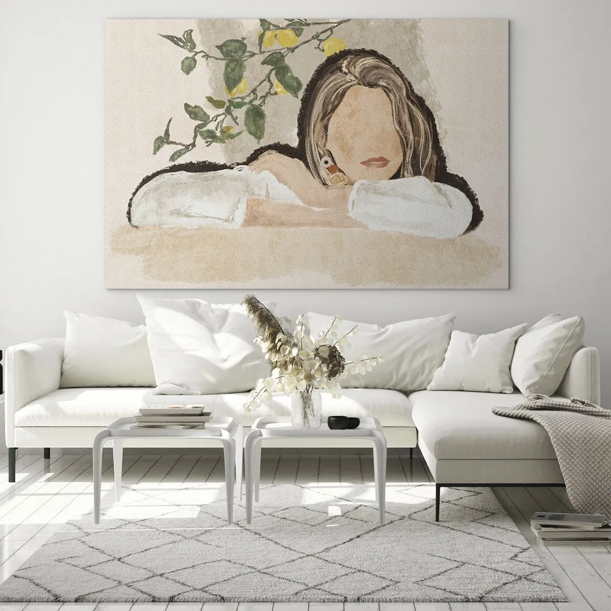 Glastavla - Bild på glas - En kvinna lutad mot ett bord bland grenarna på ett citronträd, hennes ansikte utan ansiktsdrag. - 70x50cm - Sydlig skönhet - Modern väggdekoration för vardagsrum och sovrum ARTTOR