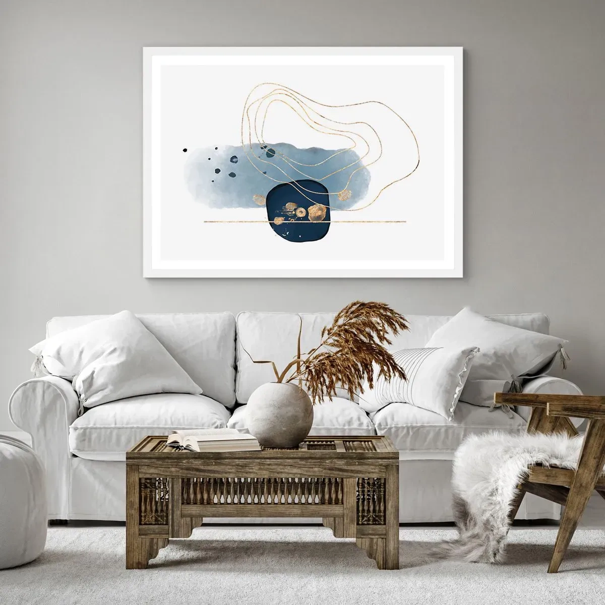 Affisch i vit ram - Blå-guld fantasi - 100x70 cm