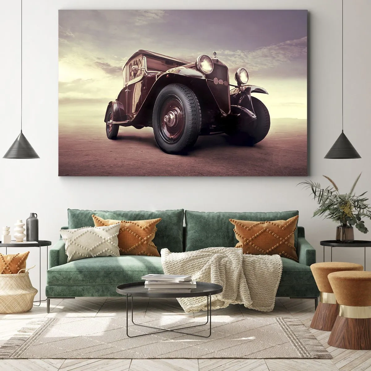 Canvastavla - Bild på duk - En veteranbil i klassisk stil mot himlen - 70x50cm - Vi kommer tillbaka som förr… - Modern väggdekoration för vardagsrum och sovrum ARTTOR