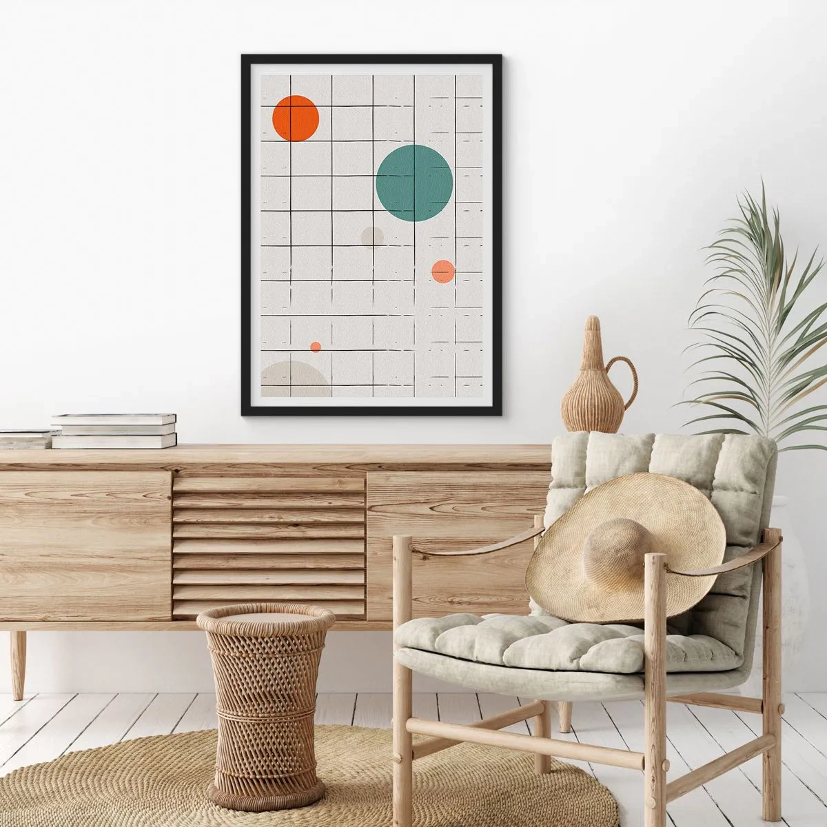 Affisch i svart ram - Abstrakt komposition av ett rutnät och färgade cirklar - 50x70cm - Fångade. Vi eller de? - Modern väggdekoration för vardagsrum och sovrum ARTTOR