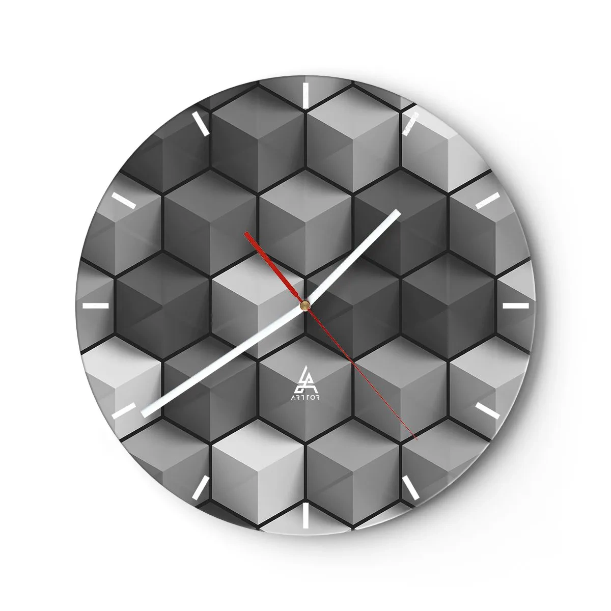 Väggklocka - Klocka på glas - 3D-kubiska figurer i ett geometriskt arrangemang - 30x30cm - Kubistiskt pussel - Modern väggdekoration för vardagsrum, kök och sovrum ARTTOR