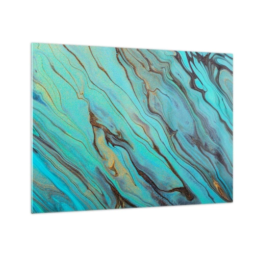 Glastavla - Bild på glas - Abstrakta ränder i turkos och guld - 70x50cm - Turkost tidvatten - Modern väggdekoration för vardagsrum och sovrum ARTTOR
