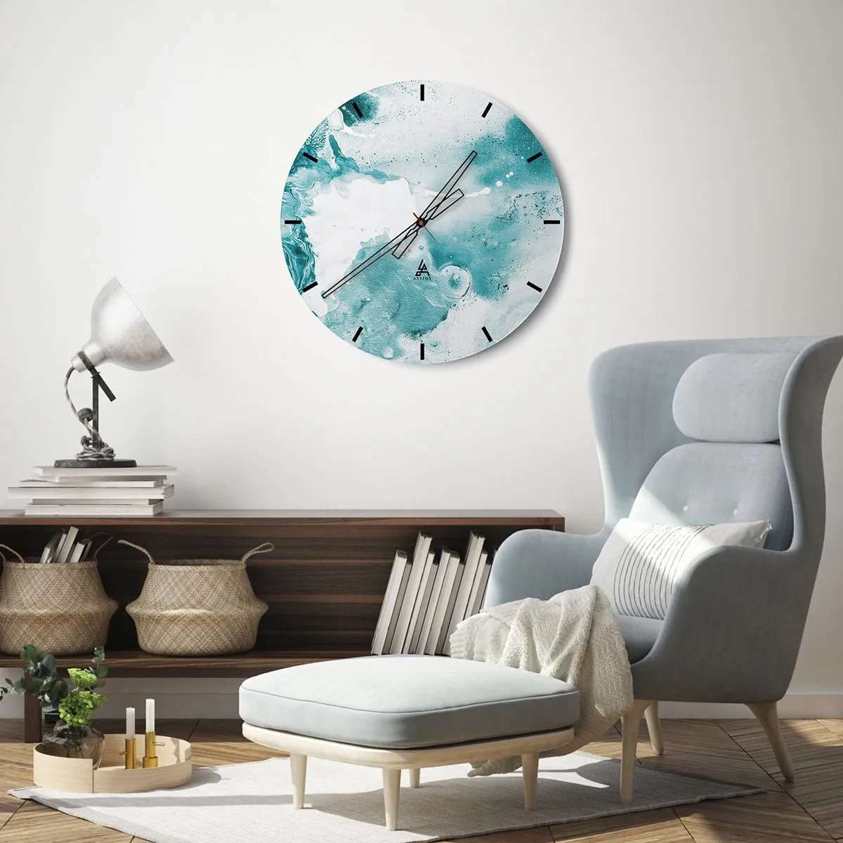 Väggklocka - Klocka på glas - Abstrakt komposition i turkosa och vita nyanser - 30x30cm - Blåa laguner - Modern väggdekoration för vardagsrum, kök och sovrum ARTTOR