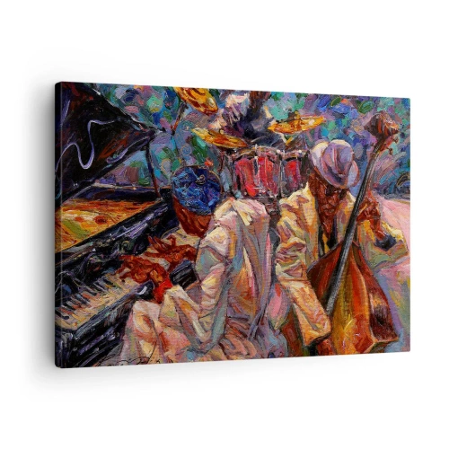 Canvastavla - Bild på duk - Energisk jazzscen med musiker och instrument - 70x50cm - I en rytm - Modern väggdekoration för vardagsrum och sovrum ARTTOR