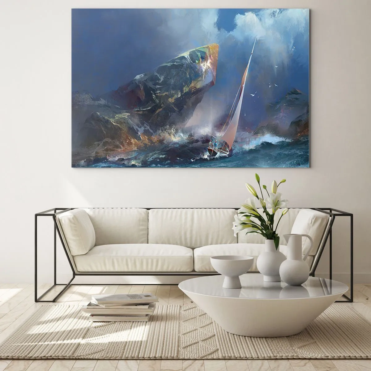 Glastavla - Bild på glas - En segelbåt i en storm utanför en klippig kust - 70x50cm - Modig vinner - Modern väggdekoration för vardagsrum och sovrum ARTTOR