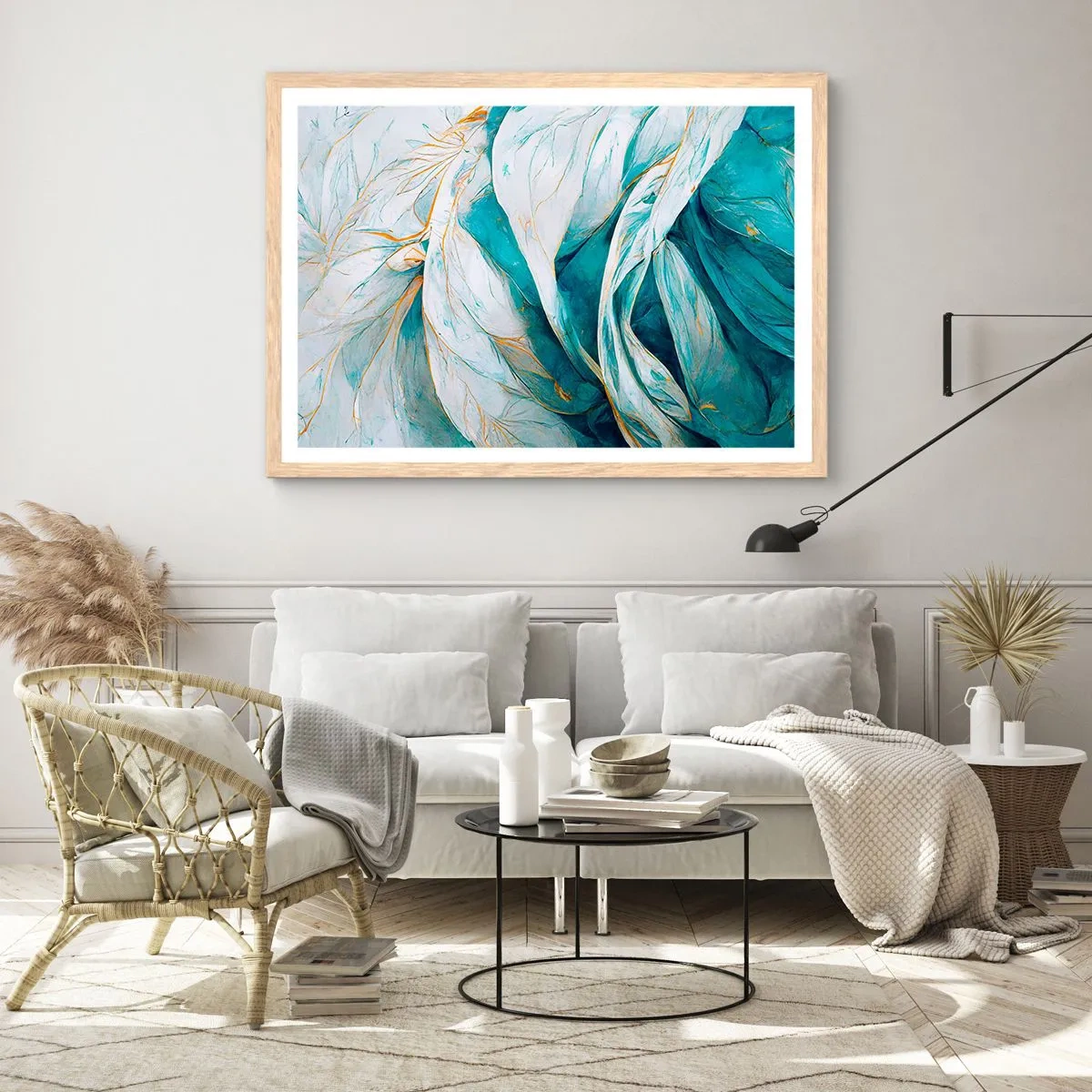 Affisch i ram av ljusek - Blå abstraktion med guldmotiv - 91x61 cm