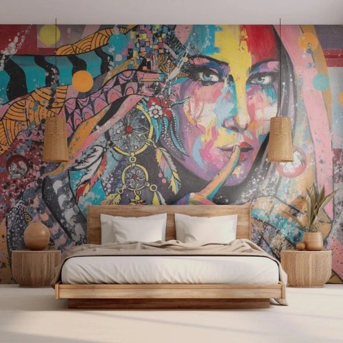 Fototapet Standard Eco - Färgglatt porträtt av en kvinna i boho-stil - 100x70cm - Var tyst tills du förstår - Modern väggdekoration för vardagsrum och sovrum ARTTOR