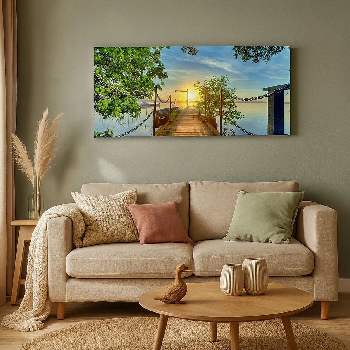 Canvastavla - Bild på duk - Solnedgång vid vatten - 100x40 cm